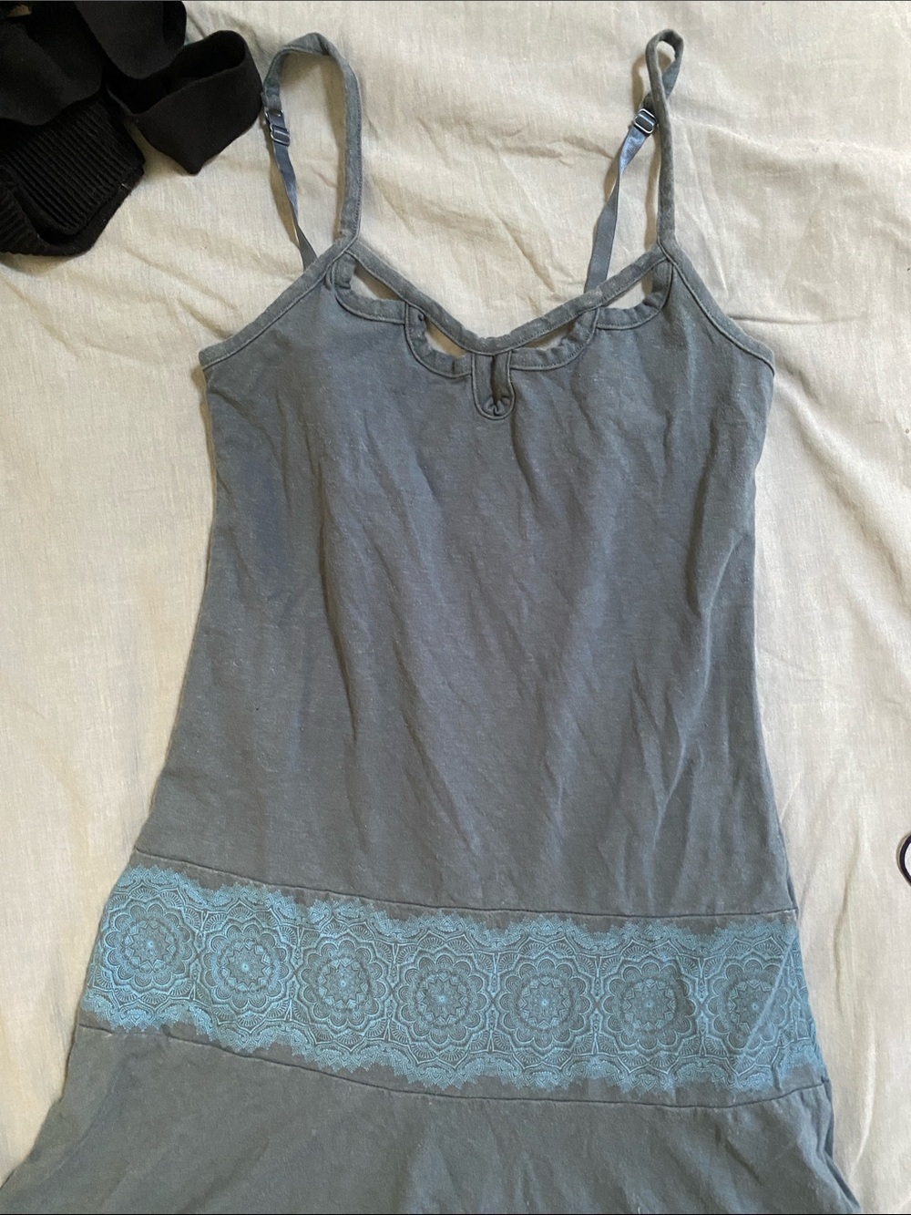 Women's Gray Camisole Dress with Blue Lace Trim